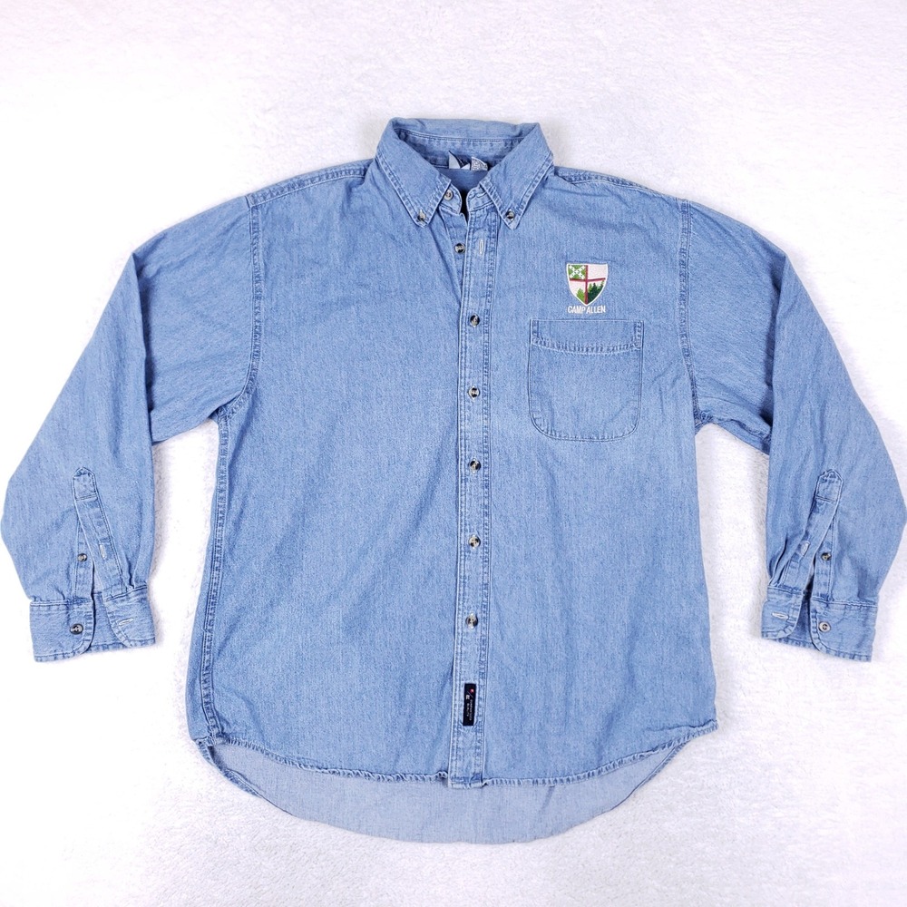 Port and Company Denim Shirt Mens Large Camp Allen Embroidered‎ Light Wash Work